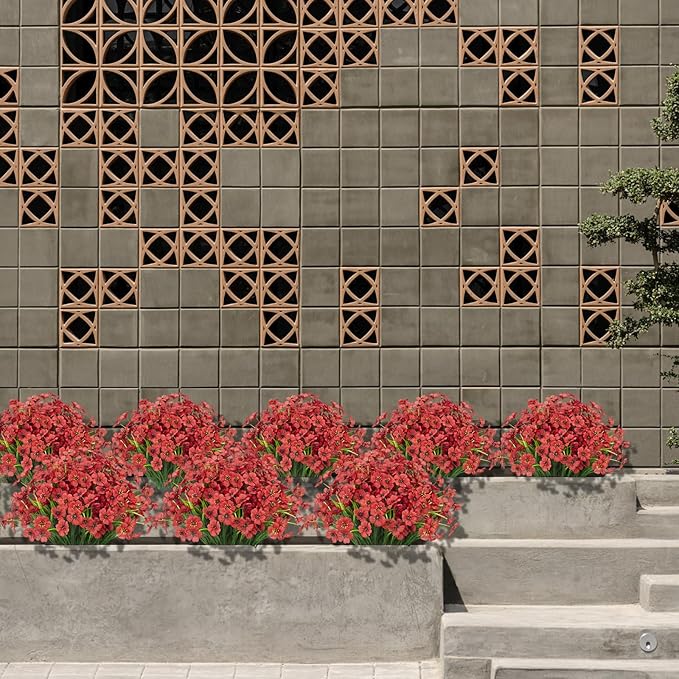 15 Bundles Artificial Flowers Outdoor UV Resistant Fake Silk Plants Plastic Faux Shrubs Outside Front Porch Window Box Garden Home Hanging Planter Decoration (Red)