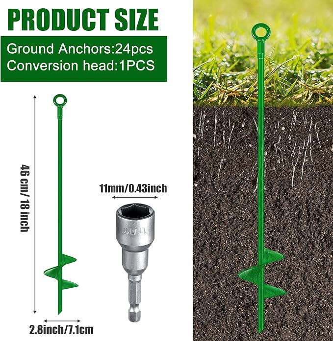 Chumia 12 Pcs 18 Inch Ground Anchor Spiral Blade Heavy Duty Earth Anchors Swing Set Metal Shed Kit for Garden Securing Trees Tents Trampoline Canopies Shelters (Green)