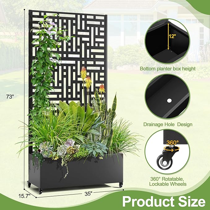 Raised Garden Bed with Trellis and Wheels,73"x35"x16" Metal Raised Garden Bed,Black Modern Metal Planter with Climbing Trellis for Vines & Vegetables
