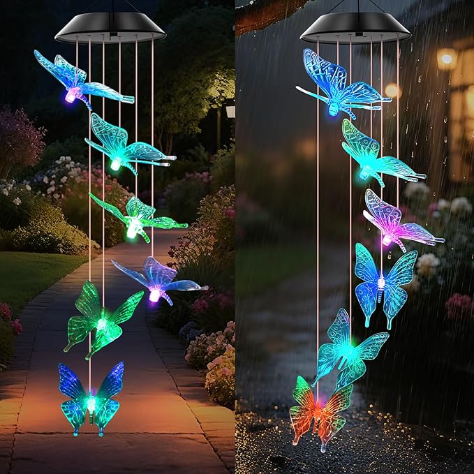 Blue Butterfly Solar Wind Chimes Color Changing Lights Outdoor, Best Gifts for Mom Grandma Women Wife Aunt Daughter Sister, Unique Mobile Wind Chime, Gardening Yard Decorations