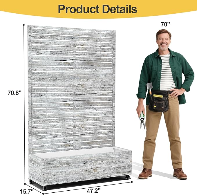 Raised Garden Bed with Trellis and Wheels,73"x47"x16" Metal Raised Garden Bed,White Wood Finish Metal Planter with Climbing Trellis for Vines & Vegetables