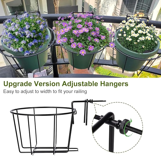 TQVAI 10 Inch Railing Planter - Fit for 1.5 to 3.5 Inches Railing - Adjustable Hanging Planters Outdoor Balcony Deck Flower Pot Holder Metal Baskets for Garden Orchid, Patio Ledge, 3 Pack, Black