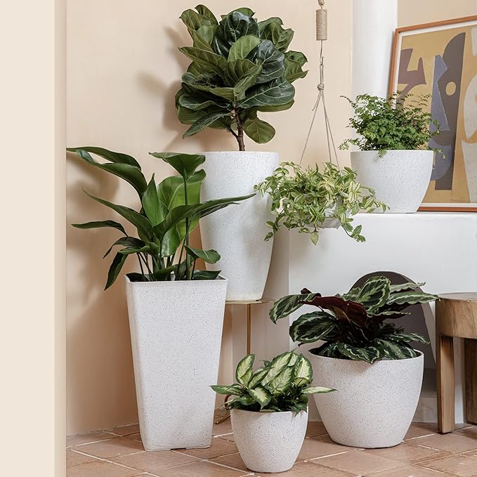 LA JOLIE MUSE Flower Pots Outdoor Garden Planters, Indoor Plant Pots with Drainage Holes, Plastic, Speckled White, Set 2 (7.5 + 7.5 Inch)