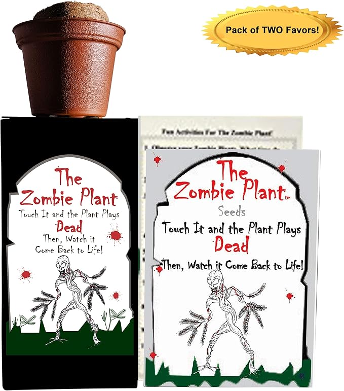 Zombie Plant Party Favors (2) Plays Dead When Touched! Includes Soil, Seeds & Mini Flower Pot. Supplies for Zombie Themed Birthday. Plant it as a Fun Indoor Science Activity
