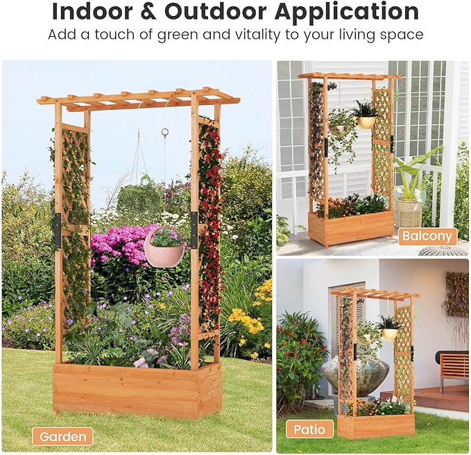 S AFSTAR 72-Inch Raised Garden Bed with Arch Trellis, Hanging Roof & Drainage Holes, Vertical Plant Container for Vine Climbing Plant Flower, Indoor Outdoor Wood Elevated Planter Box for Garden Patio