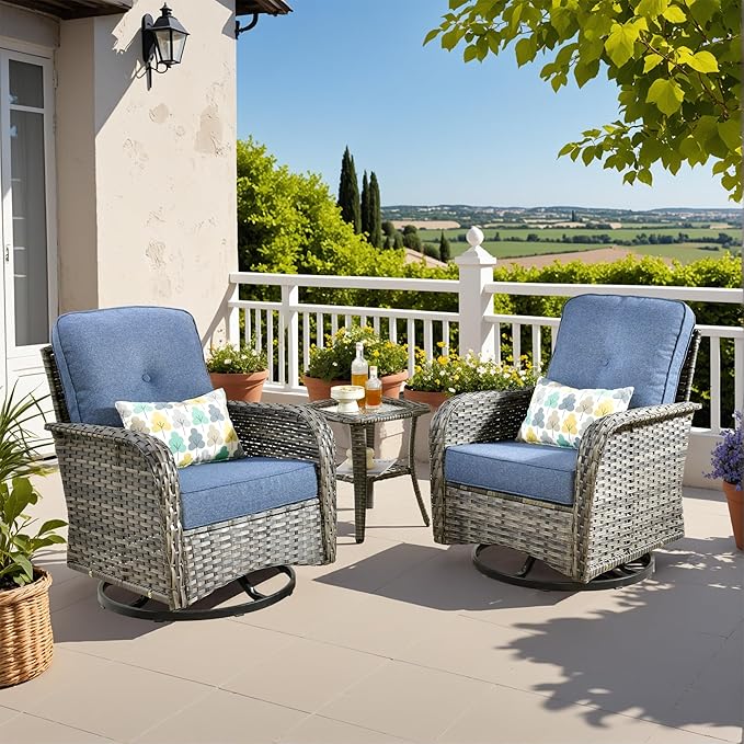 3-Piece Swivel Rocking Rattan Chair Outdoor, Patio Bistro Furniture Conversation Set, Wicker Chair with Coffee Table Blue