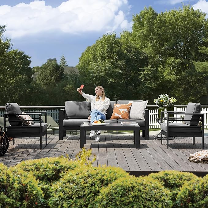 Aluminum Patio Furniture Set, Grey Metal Outdoor Furniture Set,6 Piece Patio Set with Waterproof Covers for Backyard Garden