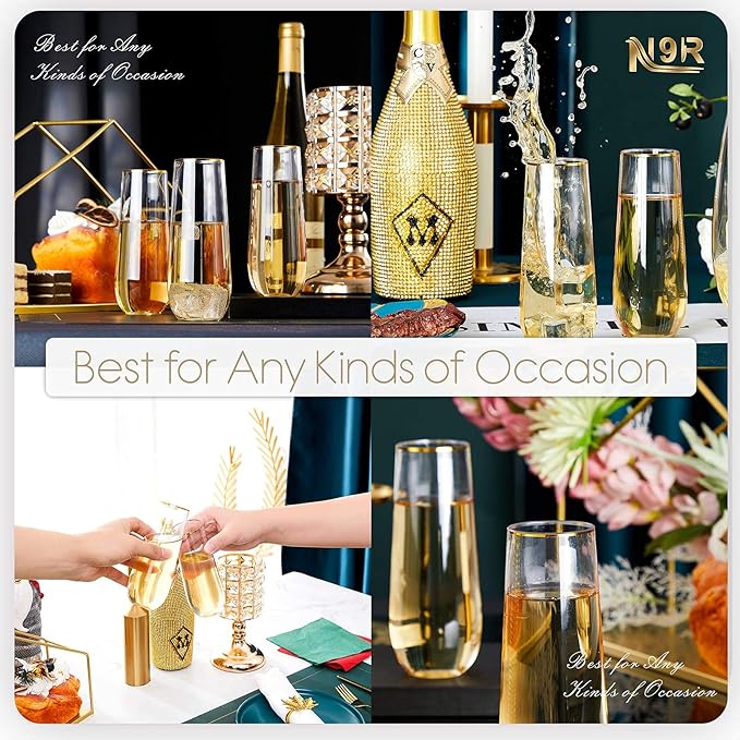 N9R 12PCS Plastic Champagne Flutes, 9 oz Stemless Disposable Gold Rim Toasting Glasses, Crystal Clear Cocktail Cups Drinkware Shatterproof Ideal for Party Wedding Birthday