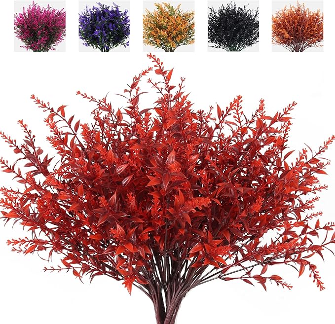 RECUTMS Artificial Greenery for Outdoors Lavender Fall Fake Plants Fake Flowers Outside UV Resistant Faux Greenery Artificial Plants Faux Flowers for Fall Wedding Yard Window Autumn Decor (Wine Red)