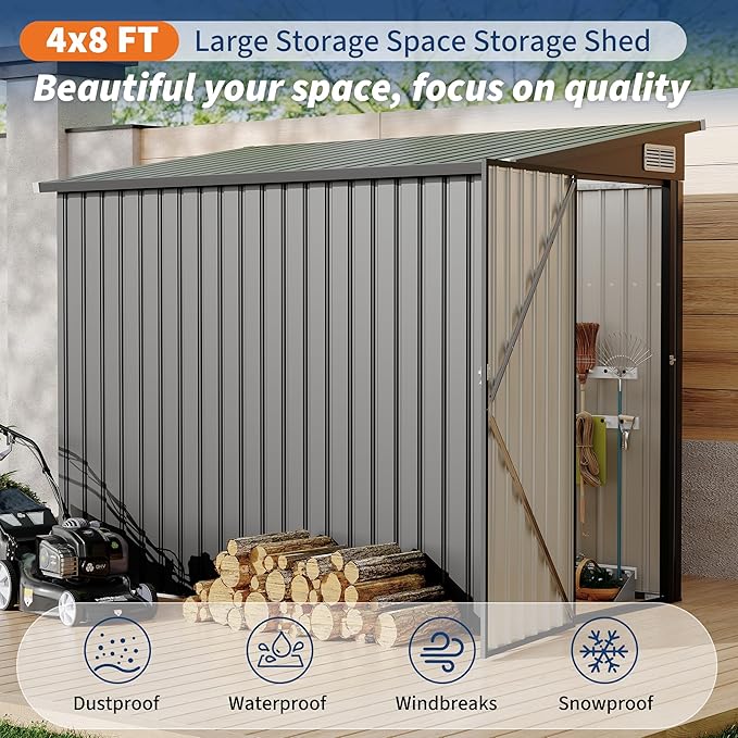 4' x 8' Outdoor Lean to Storage Sheds Outdoor, Heavy-Duty Lean to Garden StorageShed, Metal Wall Side Bike Shed & Outdoor Storage