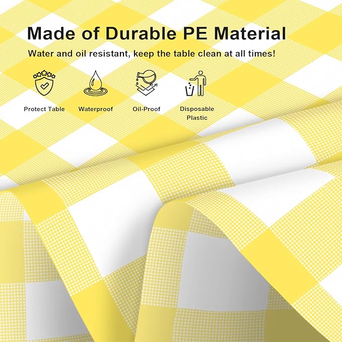 3 Pack Yellow and White Checkered Tablecloth, Yellow Plastic Table Cloths for Parties Disposable, 54 x 108 inch Waterproof Yellow Gingham Camping Tablecloth for Birthday, Party, Picnic, School