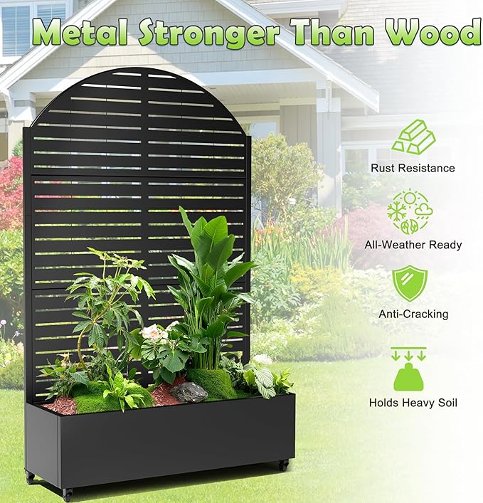 15.7"×70.9"×47.2" Metal Raised Garden Bed with Trellis and Wheels - Tall Trellis Planter Box for Climbing Plants, Vegetables & Vines - Outdoor Privacy Planters for Patio (Black-Louvered)