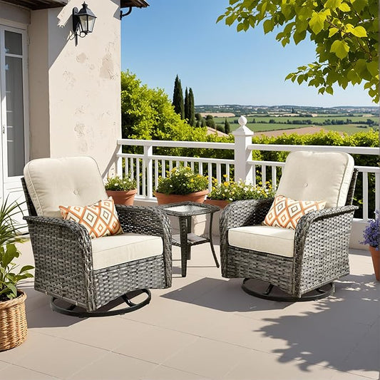 3-Piece Swivel Rocking Rattan Chair Outdoor, Patio Bistro Furniture Conversation Set, Wicker Chair with Coffee Table Beige