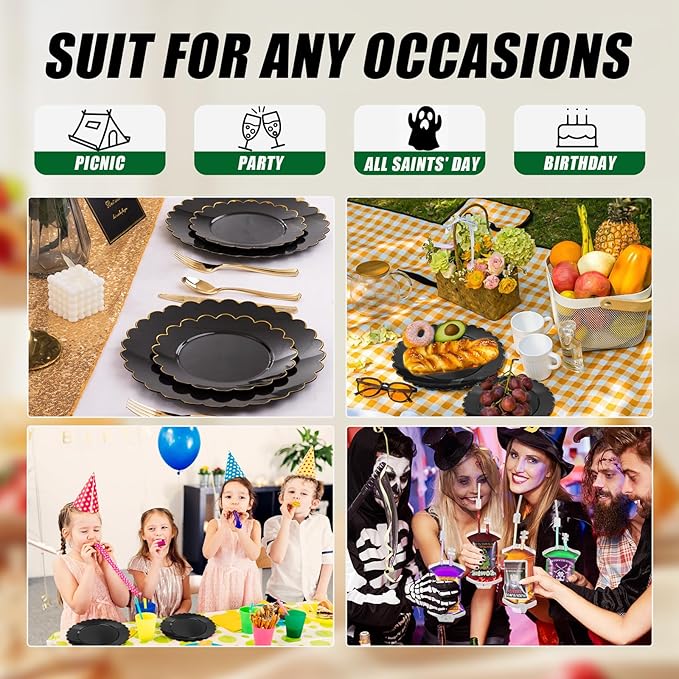 SUT 72 PCS Black Plates,Black Plastic Plates with Gold Rim, Black Party Plates, Plastic Plates for Party, 7.5 inch Plastic Dessert Plates, Black Disposable Plates for Party,New Year,Halloween