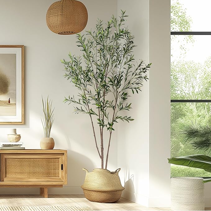 8FT Artificial Olive Tree Tall Faux Silk Plant Tall Faux Olive Tree with Natural Wood Trunk & Lifelike Fruits Fake Potted Tree or Home Office Decor