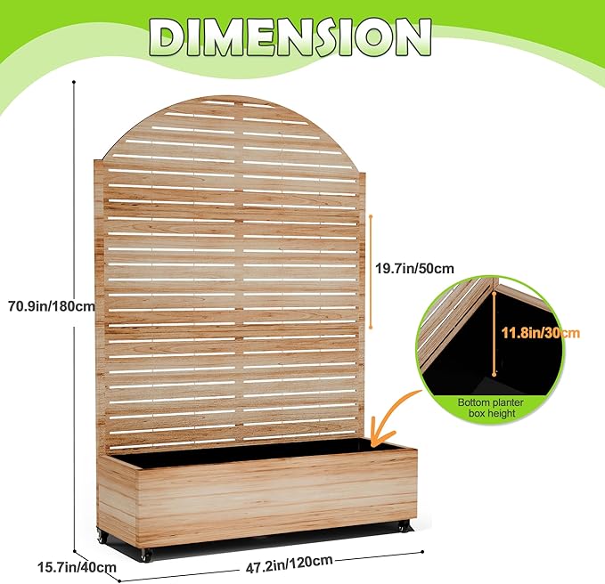 15.7"×70.9"×47.2" Metal Raised Garden Bed with Trellis and Wheels - Tall Trellis Planter Box for Climbing Plants, Vegetables & Vines - Outdoor Privacy Planters for Patio (Acacia Wood Grain-Louvered)