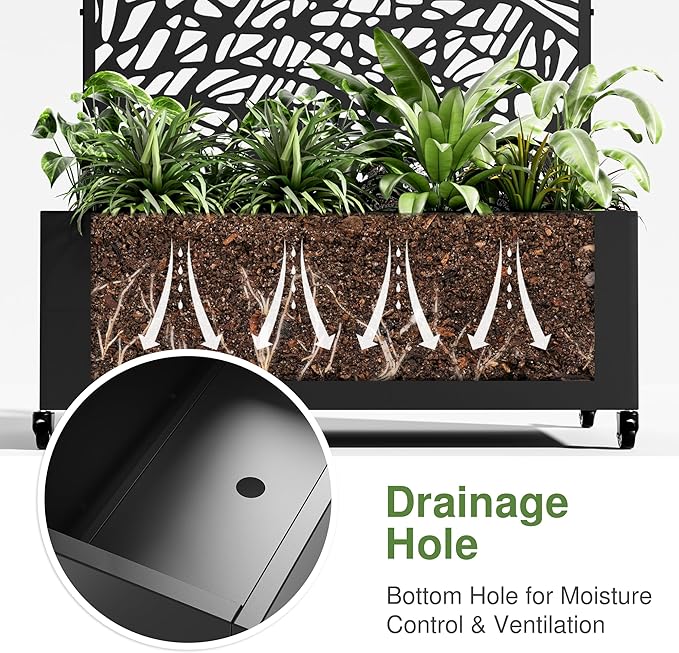 Casaphoria Metal Raised Garden Bed with Trellis and Wheels, 47"x47"x16" Planter Box for Climbing Plants, Vegetables & Vines, Features Drainage Holes and Privacy Screen (Black-Net)