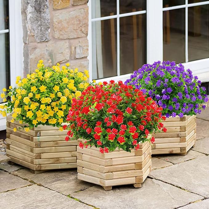 GREENRAIN Artificial Flowers Outdoor Fake Flowers for Decoration UV Resistant No Fade Faux Plastic Plants Garden Porch Window Box Décor (18 Bundles, 6#Red)