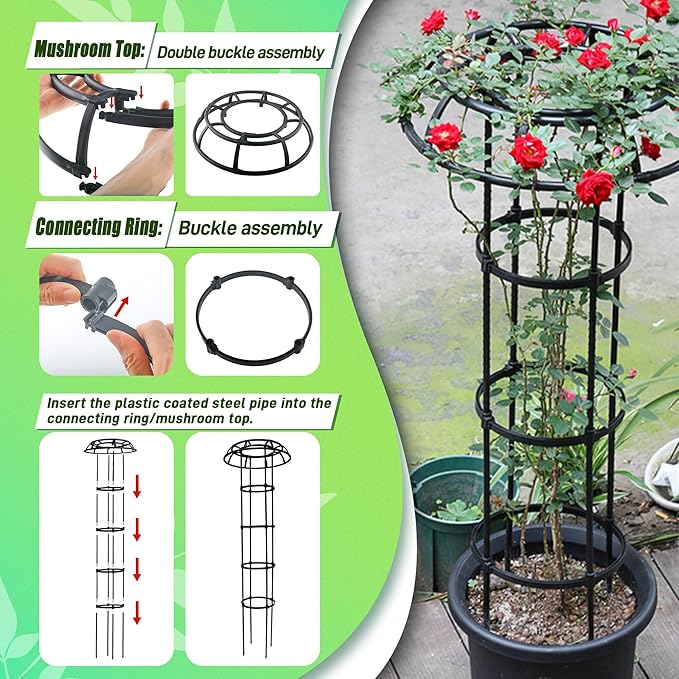 2 Pack 65 Inch Black Metal & Plastic Garden Trellis for Climbing Plants, Roses, Vines & Vegetables