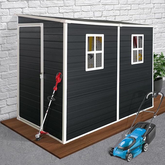 8x4ft Lean to Shed, Resin Outdoor Storage Shed with Floor and 2 Windows, Plastic Sheds & Outdoor Storage Clearance for Patio Furniture, Garden Tools Bike Accessories, Beach Chairs