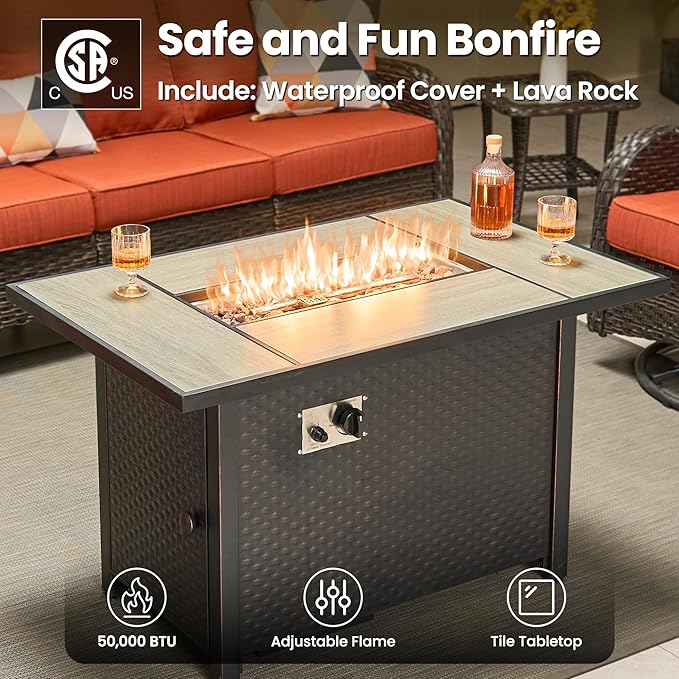 ovios 5 Pieces Patio Furniture Set, Outdoor Wicker Sofa Couch with Swivel Chairs 42" Fire Pit Table, All Weather High Back Modern Conversation Sets, Brown Rattan, Orange Red