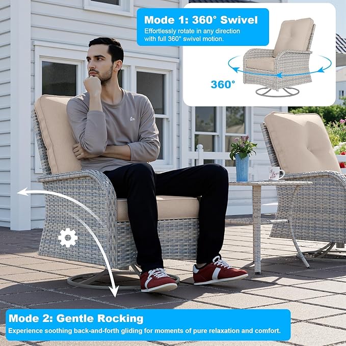 11-Piece Patio Furniture Set, Outdoor Patio Furniture with 55,000 BTU Fire Pit Table, Swivel Chairs Set, Thick Cushions, Modular Patio Sofa, Dual-Strand Wicker Rattan, Rust-Resistant Frame, Sand