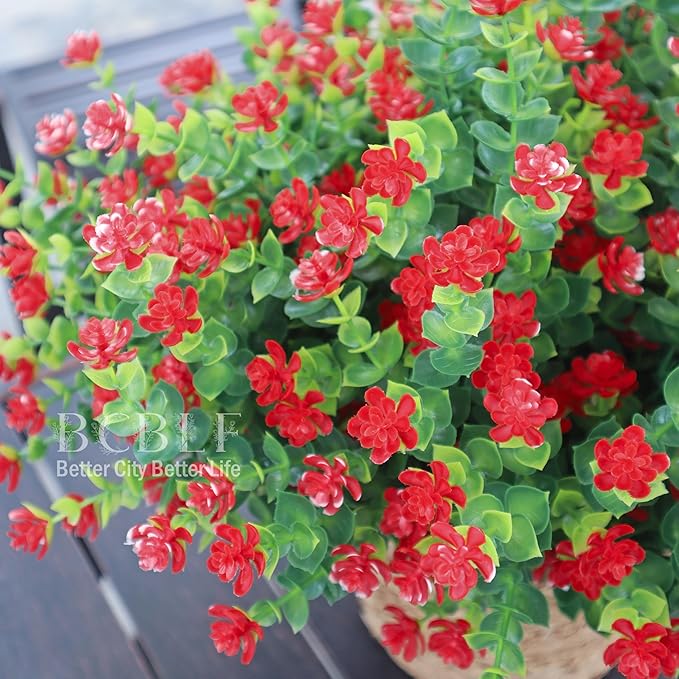 Artificial Flowers for Outdoors, 12 Bundles UV Resistant Realistic Faux Plants for Outside Porch Planter, Spring Summer Home Garden Decoration, Red