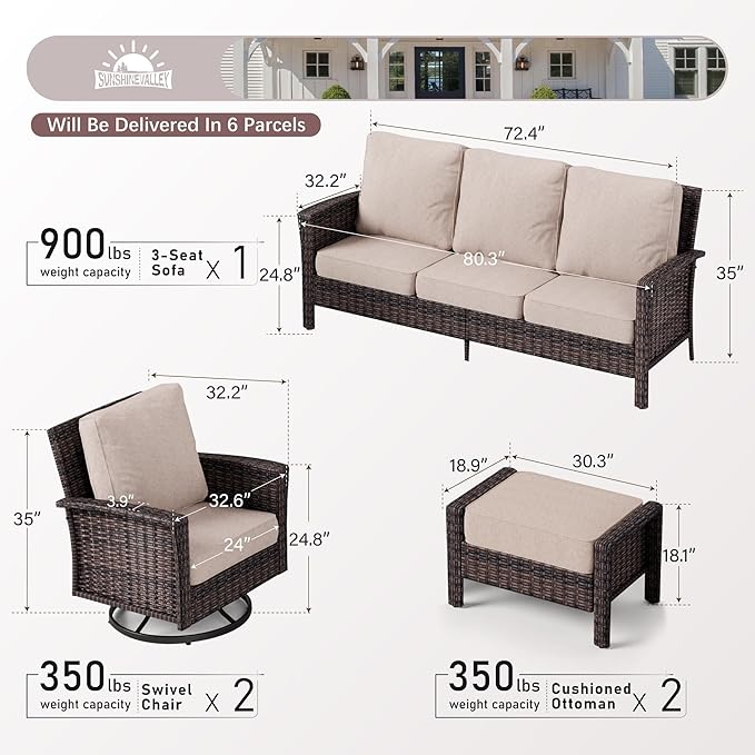 5 Pieces Patio Furniture Set with Swivel Chairs, High Back Wicker Rattan Sofa with Extra Thick Cushion and Ottoman, Outdoor Conversation Set for Garden Backyard Deck,Beige