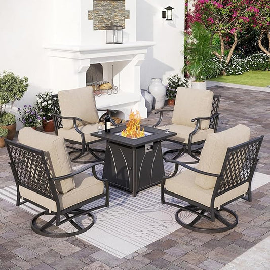 Patio Furniture Set with Firepit Table, 5 Piece Metal Outdoor Patio Furniture set for 4, 4 Swivel Chairs with 5.75" Extra Thick Cushion and Gas Firepit Table for Backyard Poolside Deck