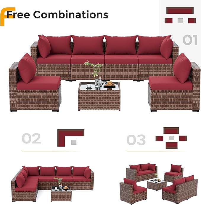 UDPATIO Patio Furniture Set, 7 Piece Outdoor Sectional Sofas with Wicker Coffee Table, Outdoor Patio Conversation Set for Garden, Backyard Wine