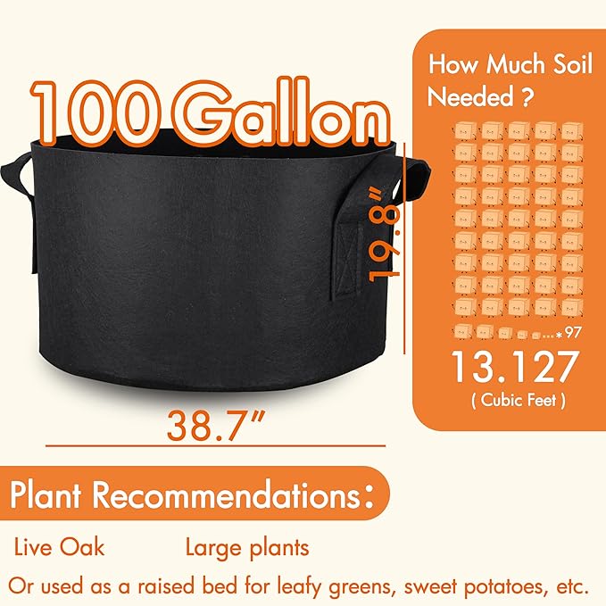 Gardzen 2-Pack 100 Gallon Grow Bags, Aeration Fabric Pots with Handles, Pot for Plants