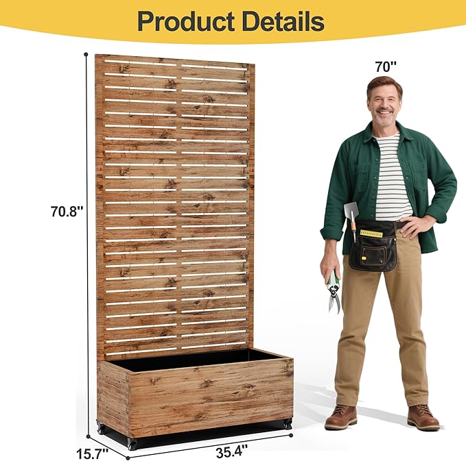 Raised Garden Bed with Trellis and Wheels,73"x35"x16" Metal Raised Garden Bed,Brown Wood Finish Metal Planter with Climbing Trellis for Vines & Vegetables