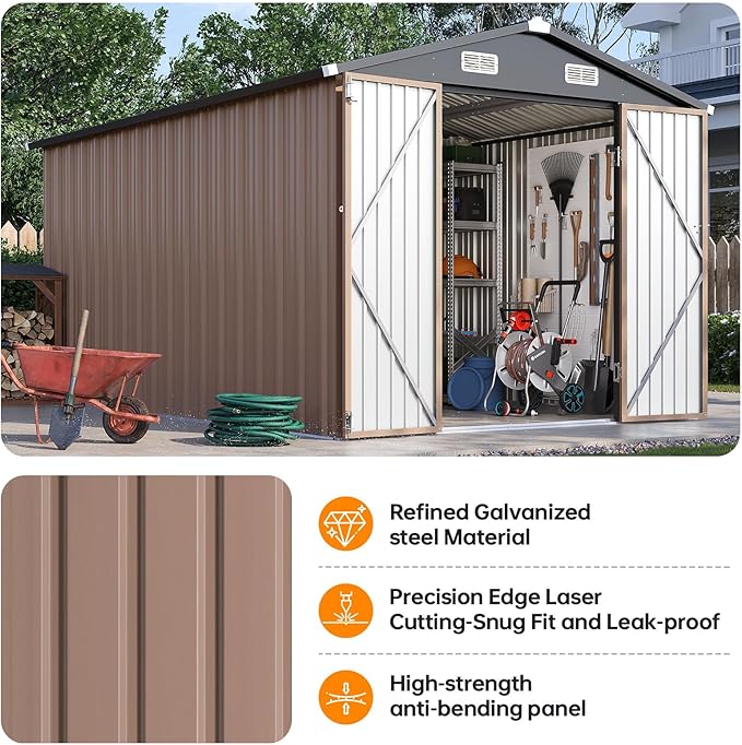 8×15FT Outdoor Storage Shed, Metal Garden Shed with Lockable Double Doors & Sloping Roof, Weather-Resistant Tool Shed for Backyard, Patio, Poolside Brown