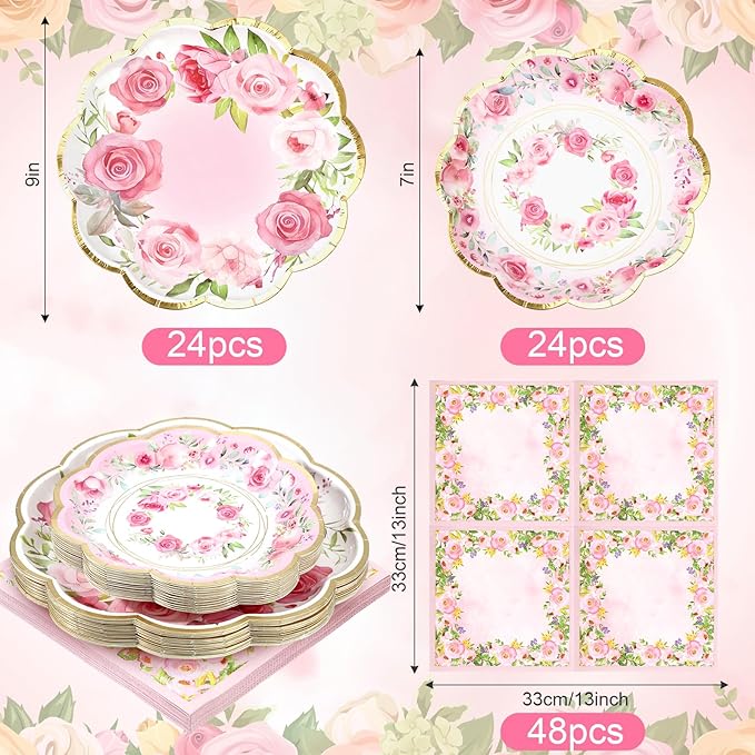 Tanlade 96 Pcs Pink Floral Plates and Napkins Serve 24, Disposable flower Paper Scalloped Dinner Plates 2 Ply Paper Napkins for Wedding Birthday Decorations Party Supplies