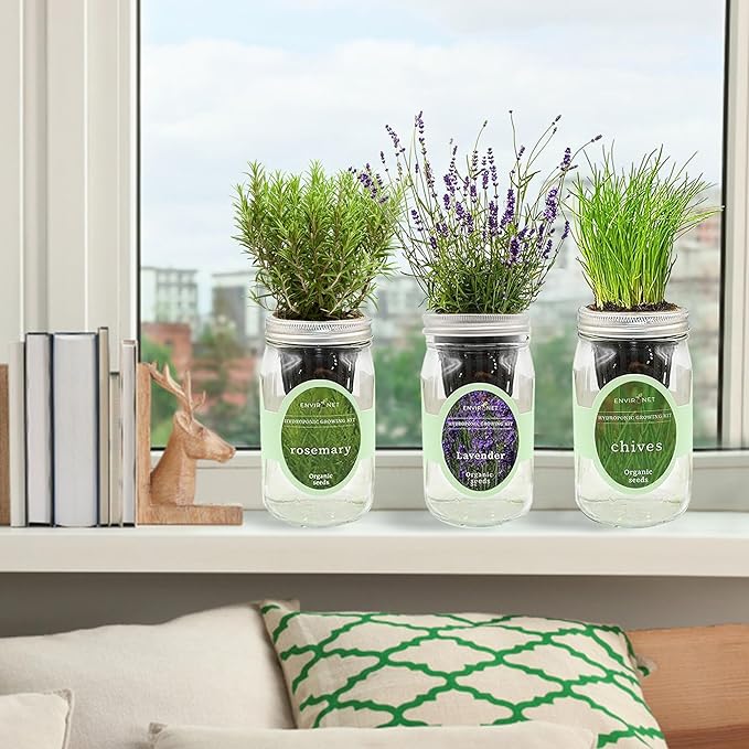 Hydroponic Herb Growing Kit Set, Self-Watering Mason Jar Herb Garden Starter Kit Indoor, Grow Your Own Herbs from Seeds (Lavender, Rosemary & Chives)