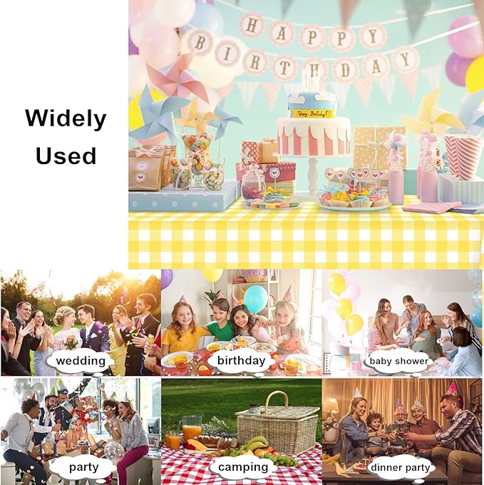 6 Pack Yellow and White Checkered Tablecloth, Yellow Plastic Table Cloths for Parties Disposable, 54 x 108 inch Waterproof Yellow Gingham Camping Tablecloth for Birthday, Party, Picnic, School