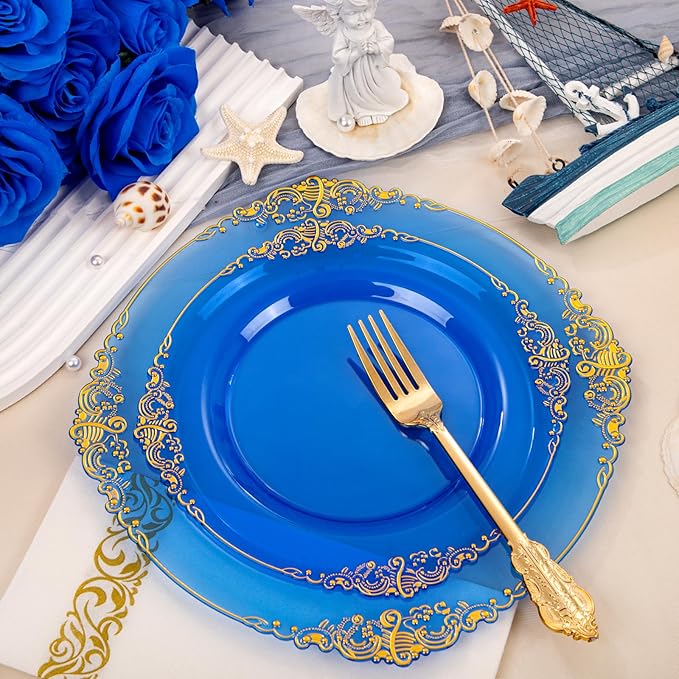 Hioasis 210pcs Blue and Gold Plastic Plates - Elegant Disposable Dinnerware Set Suitable for 30 Guests Include 10.25" Dinner & 7.5" Dessert Plates, Pre Rolled Silverware Set, Cups for Party & Wedding