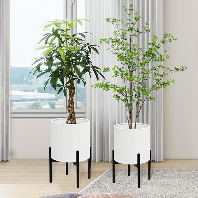 ARNIS Modern Plant Pots, Set of 2 Large Planters with Stand, Decorative Planters, Metal Pots with Drainage Holes for Living Room, Office, Garden or Balcony, 8.25 &10.5 Inch, White
