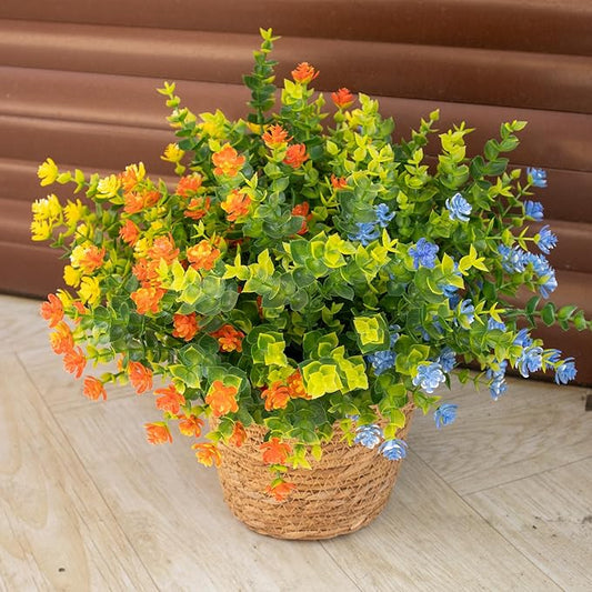 Artificial Flowers Outdoors, 12 Bundles Fake Flowers UV-Anti for Decoration Faux Plastic Plants Garden Porch Window Box Décor, YellowPurpleBlueGreen