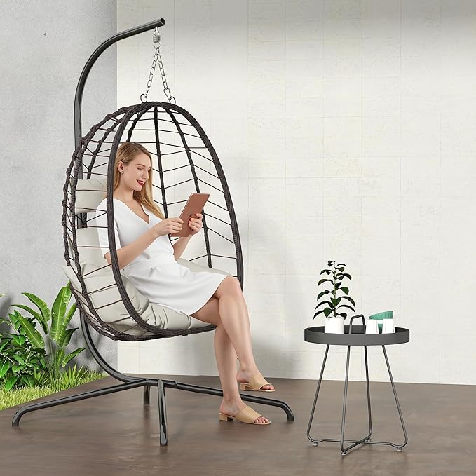 Hanging Egg Chair with Stand, Swinging Egg Chair Outdoor Indoor, Hanging Basket Chair with Cushion, Patio Wicker Hammock Chair 350lbs Capacity for Bedroom, Balcony, Backyard, Garden (Beige)