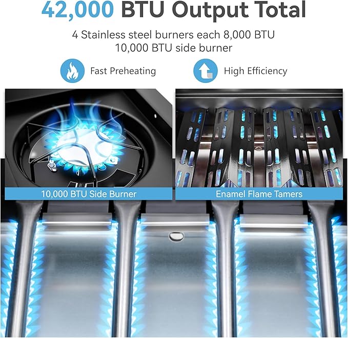 GREEN PARTY 4 Burner BBQ Propane Gas Grill with Side Burner & Porcelain-Enameled Cast Iron Grates, 545 SQIN Grilling Area 42,000 BTUs Barbecue Grill for Outdoor Cooking Garden Patio Backyard, Silver