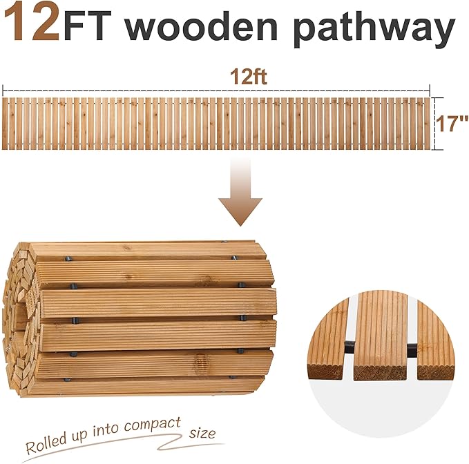 FILWH Wooden Garden Pathway Outdoor Roll-Out Walkway Weather-Resistant Fir Wood Curved or Straight Boardwalk Decorative Garden for Backyard,Beach,Wedding Party Pathways (Natural, 12FT Straight)