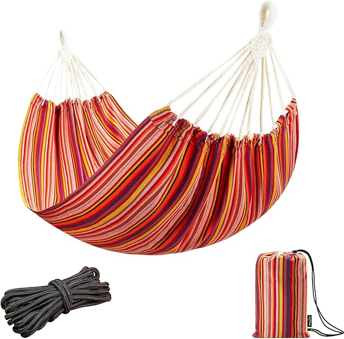 JoyView Brazilian Hammock for Single Preson Portable Hammock with Hanging Ropes & Carry Bag Large 78.8x39.4” Cotton Hammock for Patio 300LBS Capacity Perfect for Outdoor/Indoor - Red Stripe