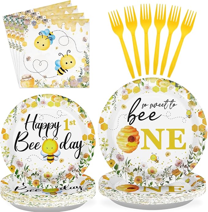 96Pcs Bee 1st Birthday Party Supplies Honey Bee Baby Shower Plates and Napkins Tableware Sets So Sweet to Bee One Birthday Party Decorations for Bee Day One Years Old Birthday Party Favors,Serves 24