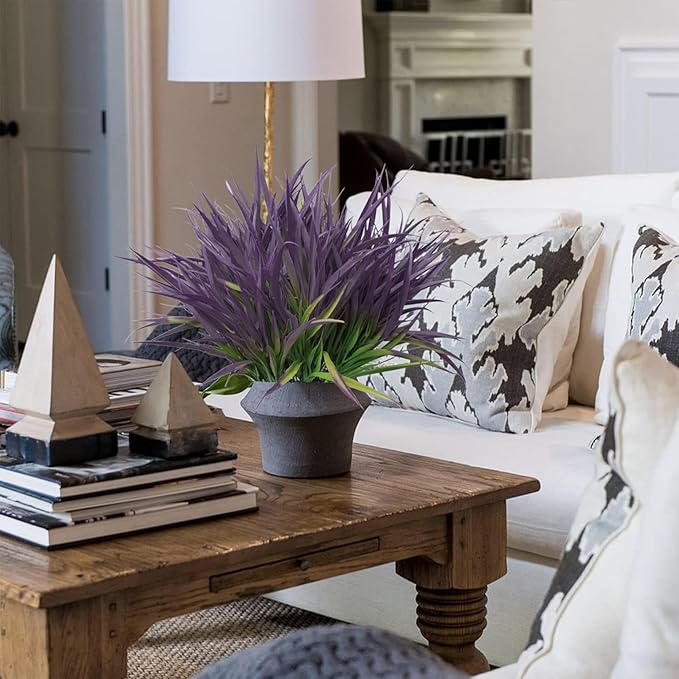 Outdoor Artificial Plants 8Pcs Fake Plants Grass UV Resistant Fake Flowers Bush Greenery,17Inch Tall Faux Grass Shrubs for Home Porch Pathway Garden Décor Outside Indoor (Deep Purple)