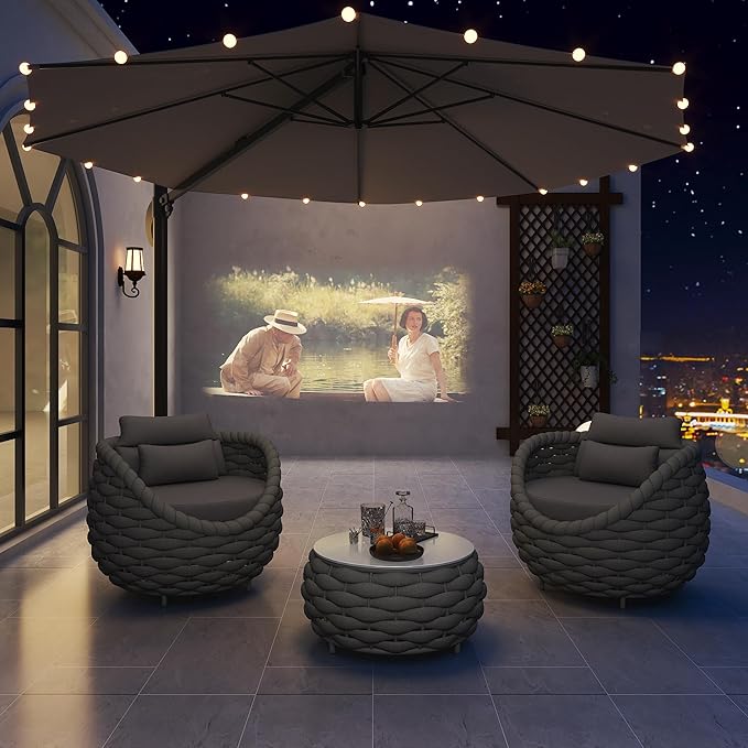 TWT 3 Pieces Aluminum Patio Furniture Set, Hand Woven Textilene Rope Outdoor Sofa Set w/Washable Cushion and Rock Slab Tabletop, Conversation Furniture for Livingroom Poolside Balcony (Dark Grey)