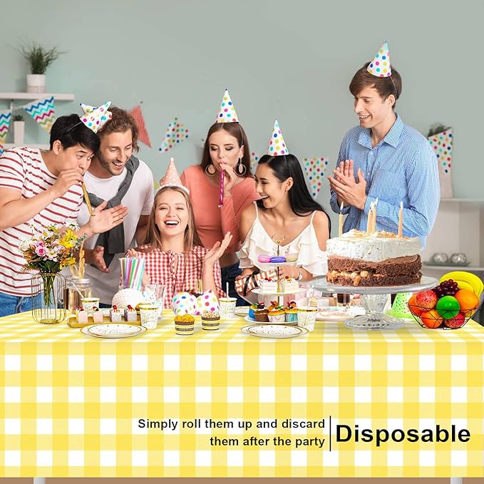 2 Pack Yellow and White Checkered Tablecloth, Yellow Plastic Table Cloths for Parties Disposable, 54 x 108 inch Waterproof Yellow Gingham Camping Tablecloth for Birthday, Party, Picnic, School