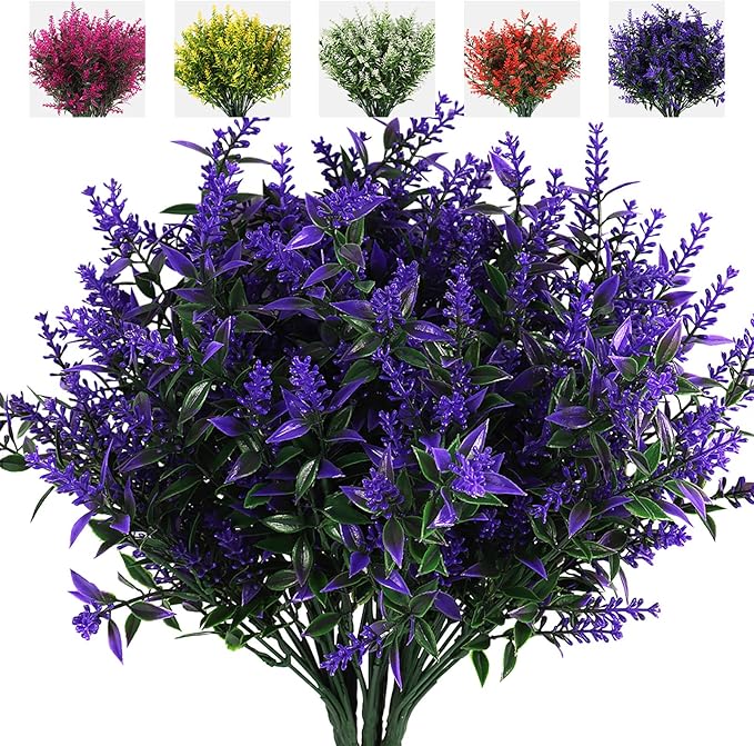 RECUTMS Artificial Greenery Lavender Fake Shrubs Flowers 8 Bundles UV Resistant Hanging Planter Flora Fence Indoor Outside Decor Wedding Table Flowers Arrangement Bouquet Filler (Purple)