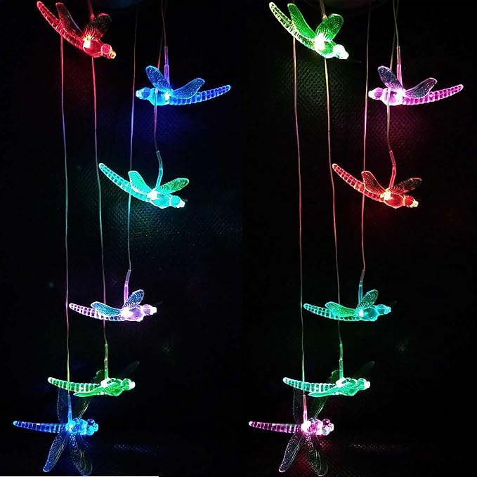 LED Solar Dragonfly Wind Chimes Outdoor - Waterproof Solar Powered LED Changing Light Color Six Dragonflies Mobile Romantic Wind-Bell for Home, Party, Festival Decor, Night Garden Decoration