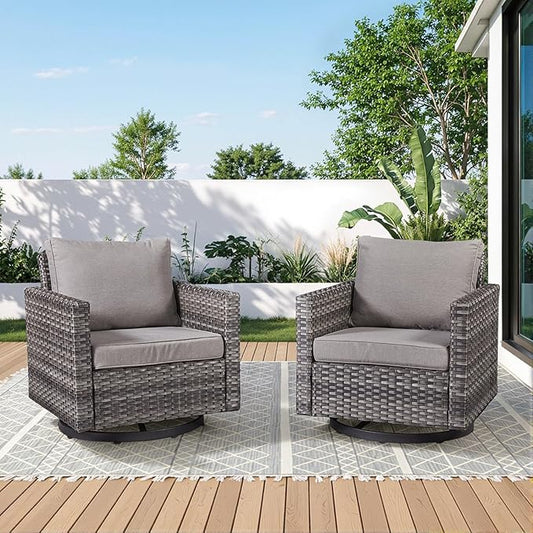 Wicker Swivel Rocker Patio Chairs-High Back Outdoor Swivel Chairs Set of 2 with Thickened Cushions Wide Armrest All Weather Patio Furniture Set for Deck Porch Balcony(Grey/Grey)